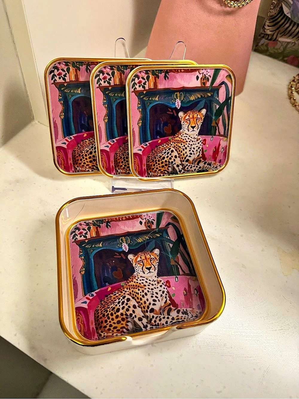 Coaster Set of 4 in pink and gold Leopard Print NWOT